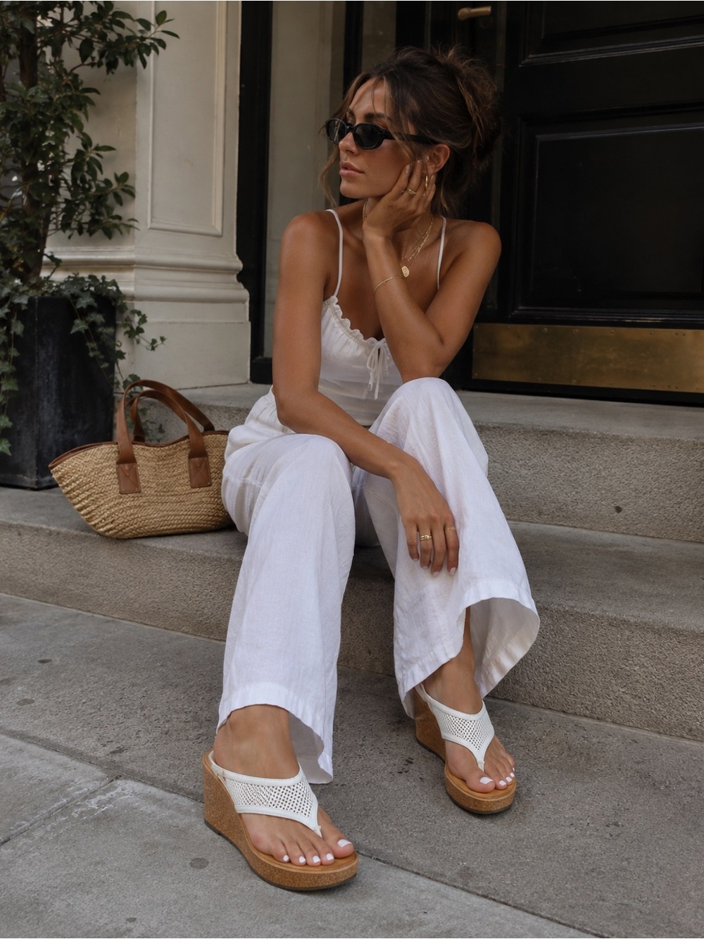 Clarks White Woven Leather Wedge Sandals with Cork-Look Platform